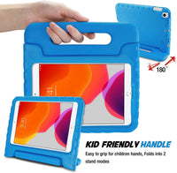 iPad 10.2 case 9th generation with blue kid-friendly handle for easy grip and two stand modes.