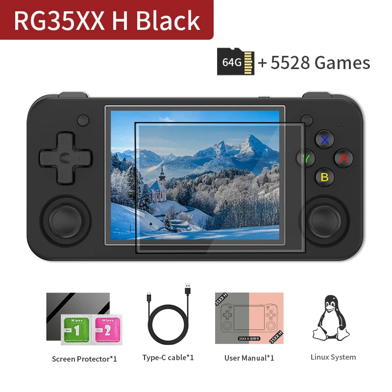 Portable gaming device RG35XX H Black with 3.5-inch screen showcasing games and accessories.