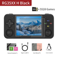 Portable gaming device RG35XX H Black with 3.5-inch screen showcasing games and accessories.