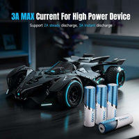 Rechargeable AA batteries next to a high power RC car, showcasing practical power solutions for everyday devices.