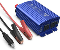 Automotive power inverter 500W with input cables and dual AC output, designed for converting DC 12V to AC 110V.