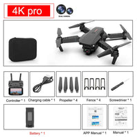 4K camera drone E88 Pro showing dual camera, remote controller, spare propellers, battery, and accessories in a compact design.