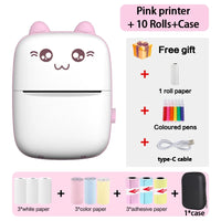 Pink Bluetooth label printer with 10 rolls of paper and case, featuring a cute design and free gift pack.
