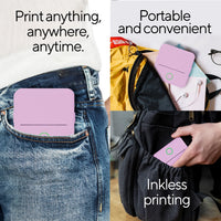 Portable thermal printer shown in pocket and bag highlighting inkless printing and convenience.