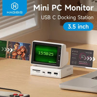 AIDA64 sensor panel displayed on a 3.5-inch Mini PC monitor USB C docking station setup.