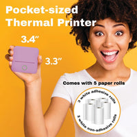 Portable thermal printer in a pocket-sized design, user showcasing dimensions and included paper rolls.