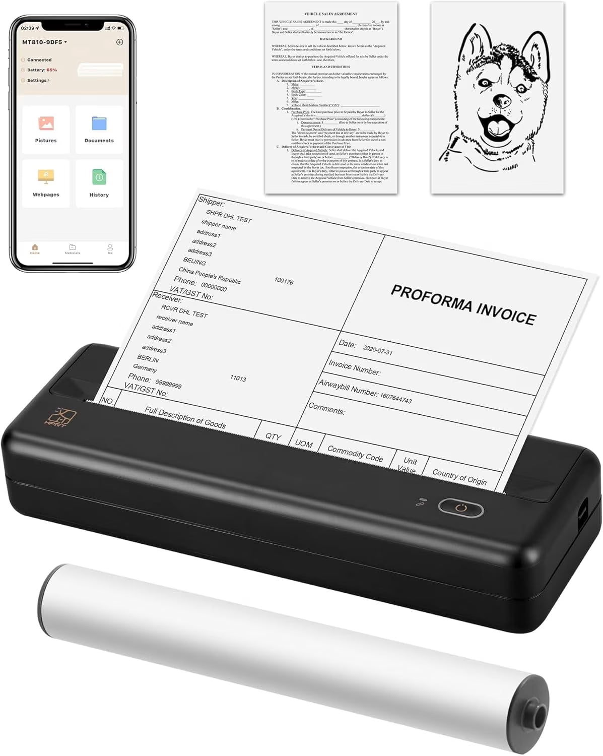 Compact thermal printer HPRT MT810 printing documents, including an invoice and an illustration, with a smartphone nearby.