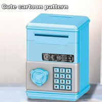 Mini ATM piggy bank in blue with cartoon pattern and password lock for kids' savings.