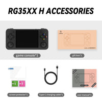 Portable gaming device RG35XX H accessories including game console, screen protector, charging cable, and user manual.