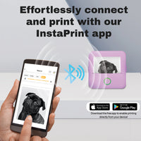 User demonstrating portable thermal printer with smartphone and InstaPrint app for wireless printing.