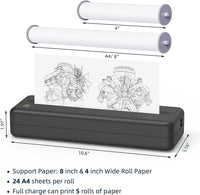 Compact thermal printer HPRT MT810 showing A4 document printing with 8 and 4 inch wide roll paper.