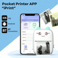 Bluetooth label printer with app for iOS and Android, showcasing printed images of a dog and a lion.