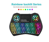 Keyboard mouse combo featuring rainbow backlit keys for easy use in dark conditions.