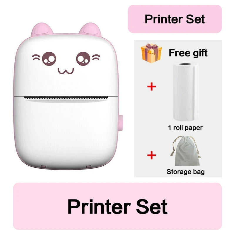 Bluetooth label printer in a cute cat design with a free gift, roll paper, and storage bag included.