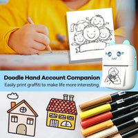Child drawing with markers beside a Doodle Hand Account Companion for printing graffiti.