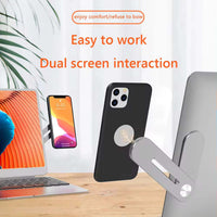 Magnetic phone holder with folding metal stand, enabling dual screen interaction and fast charging for convenience.