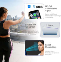 Dual SIM Android phone features HD call stabilization, 3.0-inch HD full screen, and facial recognition technology.