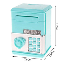 Mini ATM Piggy Bank with Password Lock, electronic savings box for kids to save coins and bills.