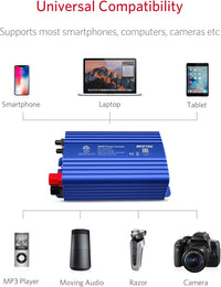 Automotive power inverter for universal compatibility with smartphones, laptops, tablets, and other devices.