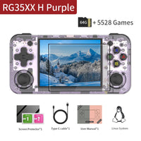 Portable gaming device RG35XX H in purple with 3.5-inch screen, 64GB, and 5528 games.