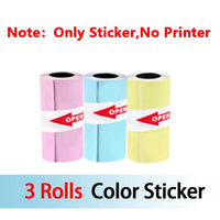 Three rolls of color stickers in pink, blue, and yellow on a white background. Only stickers, no printer included.