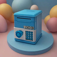 Mini ATM piggy bank with password lock for kids' savings and money management.