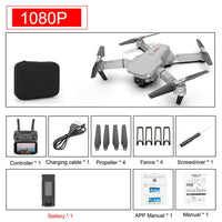 4K camera drone E88 Pro with accessories including controller, battery, and spare parts set displayed.