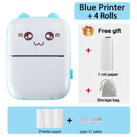 Bluetooth label printer in blue color with 4 rolls and a gift storage bag for convenient label printing.
