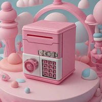 Mini ATM piggy bank in pink design on a playful background with clouds and candy-like shapes.