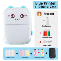 Bluetooth label printer in blue with 10 rolls of paper and case, featuring a cute design and additional colored pens.