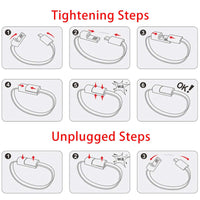 Instructional diagram illustrating tightening and unplugging steps for a charging cable bracelet.