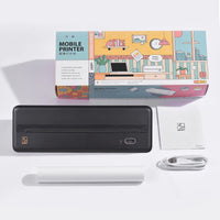 Compact thermal printer HPRT MT810 with packaging, USB cable, thermal paper, and instruction manual.