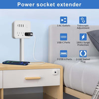 USB power strip with multiple outlets and USB ports, ideal for home, office, and travel use.