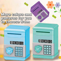 Mini ATM piggy bank in blue and green colors with password lock design for kids' savings.