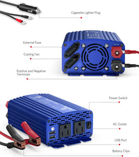 Automotive power inverter 500W with connections including cigarette lighter plug, USB port, and AC outlets.