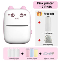 Bluetooth label printer with cute cat design, pink color, and 7 rolls of inkless printing labels included.