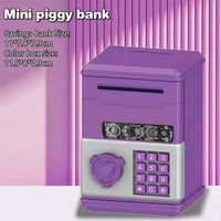 Mini ATM piggy bank in purple with password lock and savings bank size details.