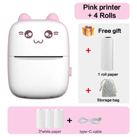 Bluetooth label printer in pink color with 4 rolls of paper, including free gift items and storage bag.
