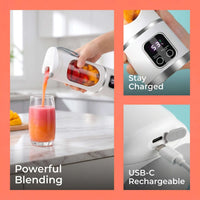 Best portable blender pouring a smoothie into a glass with features like powerful blending and USB-C rechargeable options.