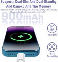 Dual SIM Android phone charging with 900mAh battery, supports dual SIM and dual standby features.