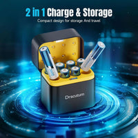 Rechargeable AA batteries stored in a compact charger for travel, with a sleek design and efficient power solution.