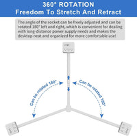 USB power strip with 360° rotation for flexible positioning and easy access to power and charging.