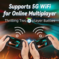 Two hands holding portable gaming devices showing 5G WiFi support for online multiplayer gameplay.