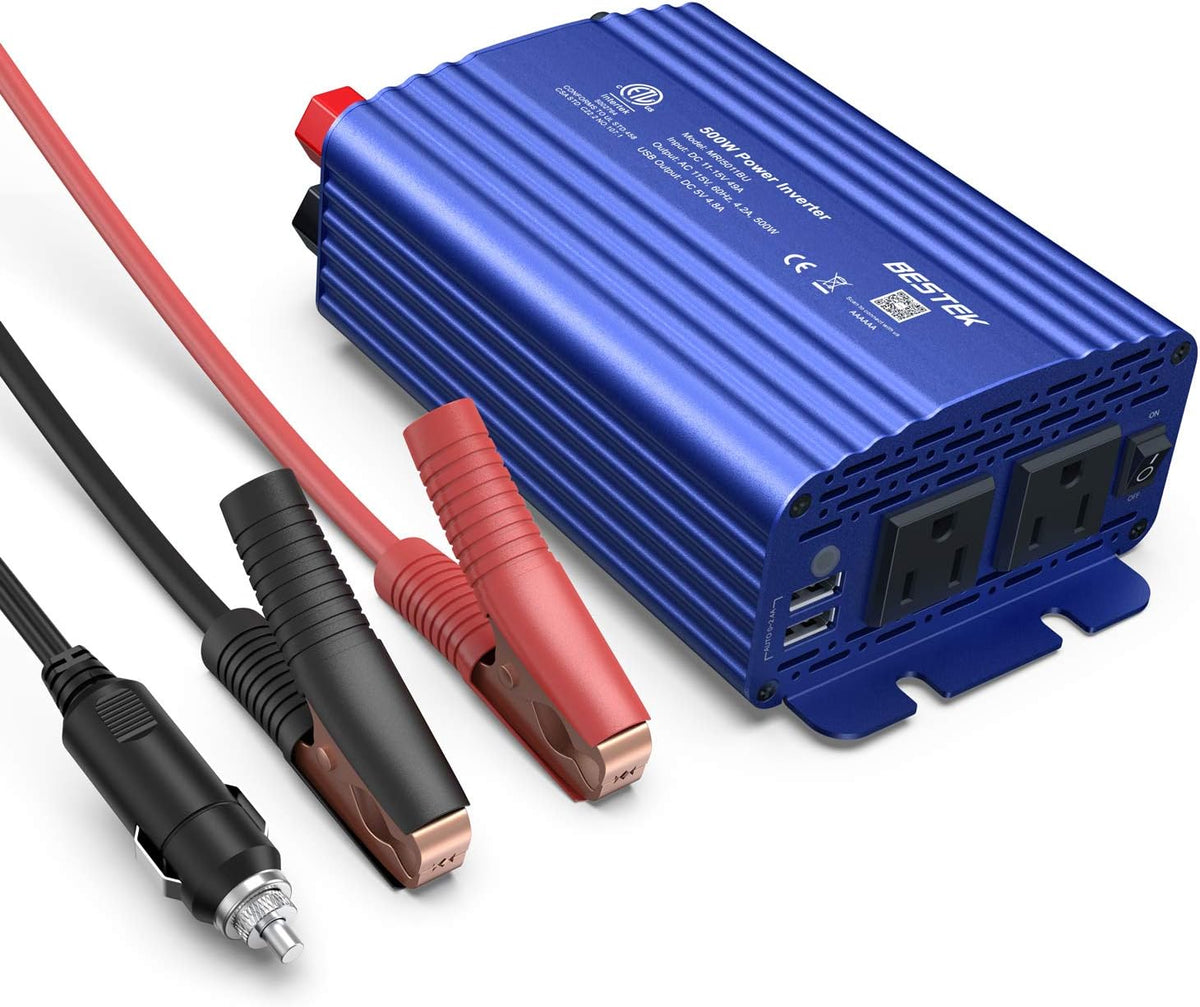 Automotive power inverter 500W with input cables and dual AC output, designed for converting DC 12V to AC 110V.