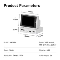 AIDA64 sensor panel 3.5-inch IPS PC data display specifications and dimensions on a product parameter sheet.