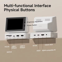 AIDA64 sensor panel showcasing multi-functional interface with physical buttons for brightness and screen adjustment.