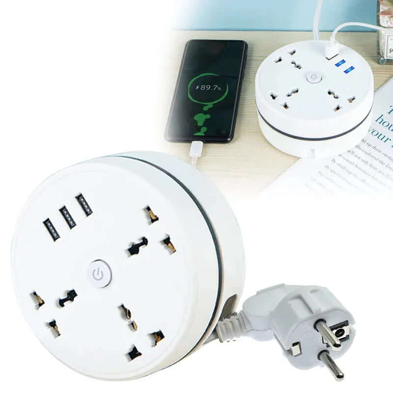 Power strip with USB ports for fast charging multiple devices at home or office.