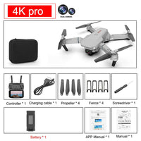 4K camera drone E88 Pro with accessories including controller, battery, charger, and spare propellers.