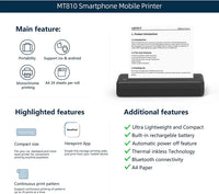 Compact thermal printer HPRT MT810 features portability, Bluetooth connectivity, and prints on A4 thermal paper.