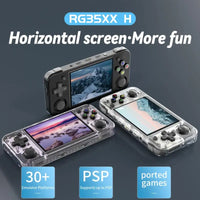 Portable gaming device RG35XX H with horizontal screen and multiple emulator platforms.
